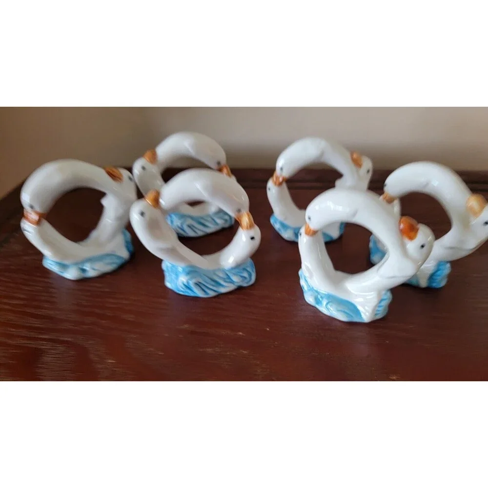 White Dolphin Ceramic Napkin Rings Holders Coastal Set of 6